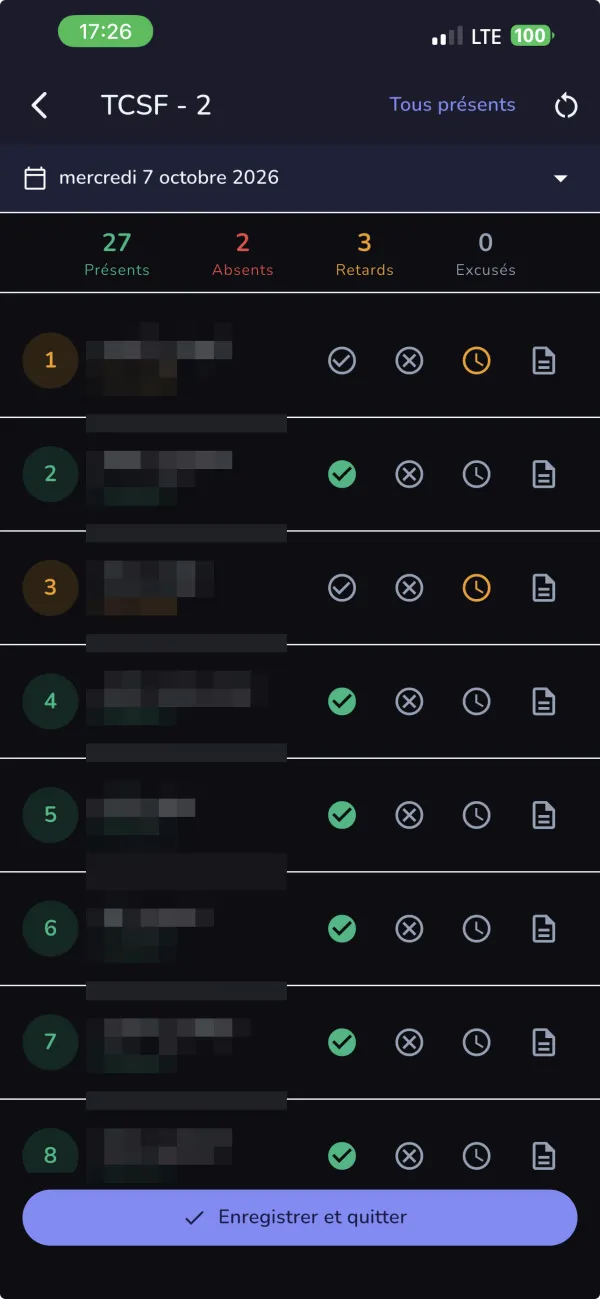 Taking attendance for a class in EduFlow: each student marked present, absent or late, with the day’s totals. Student names are blurred.
