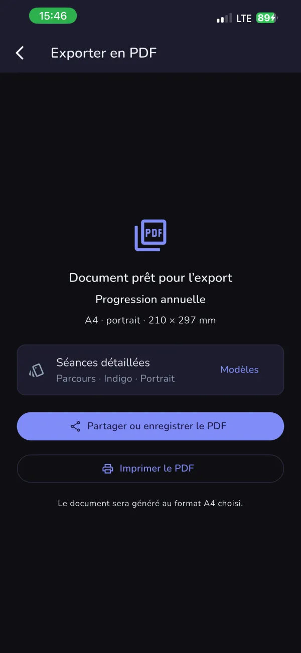 An annual-progression PDF ready to export in A4 portrait, with share and print buttons.