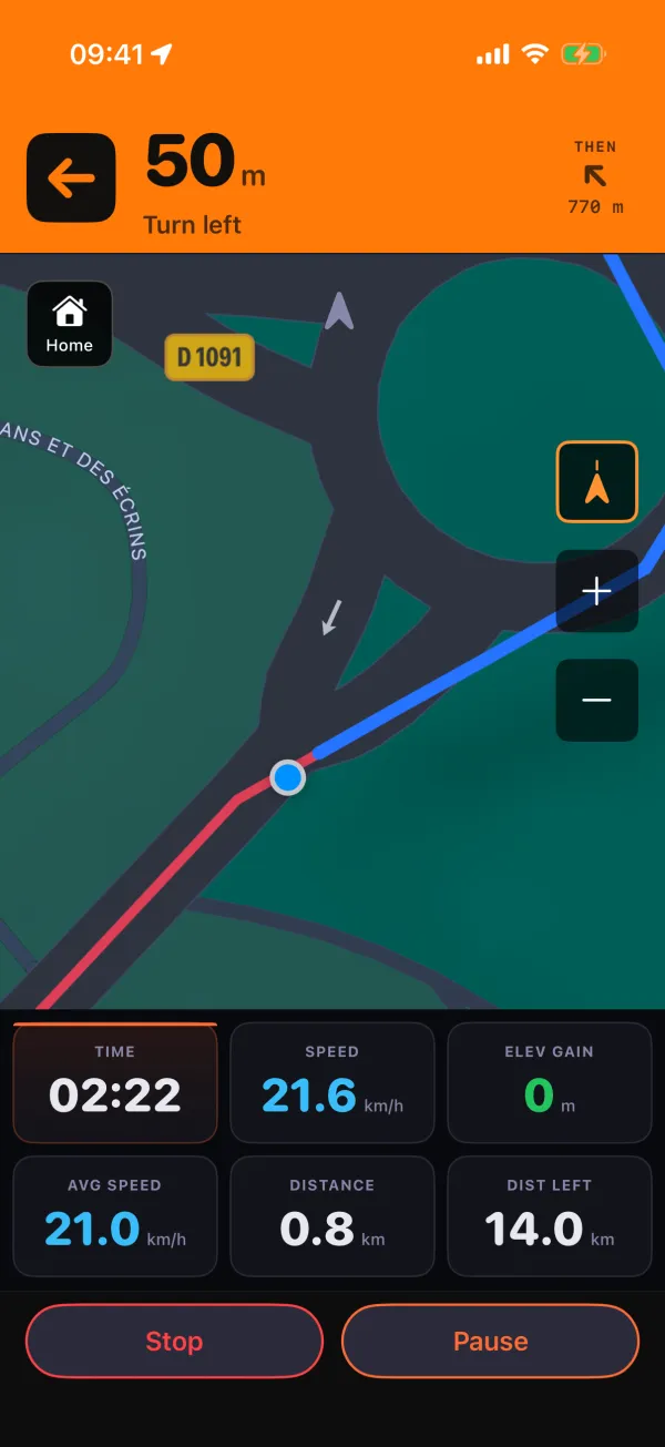 Glood guiding a ride up the road: a turn-left instruction above the map, with time, speed and distance below.