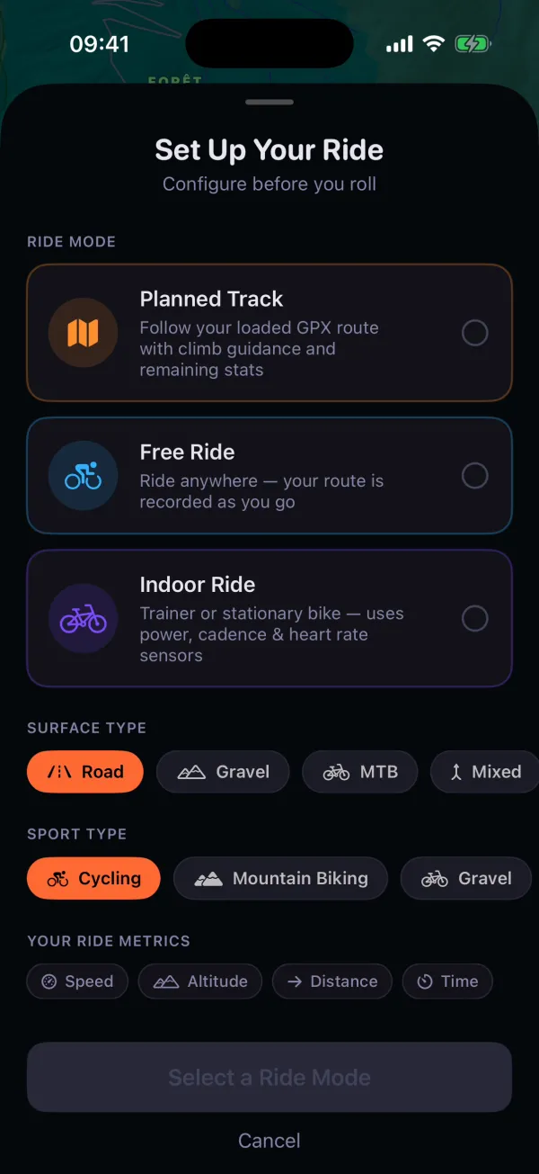 Setting up a ride in Glood: follow the loaded GPX route, ride freely, or ride indoors.