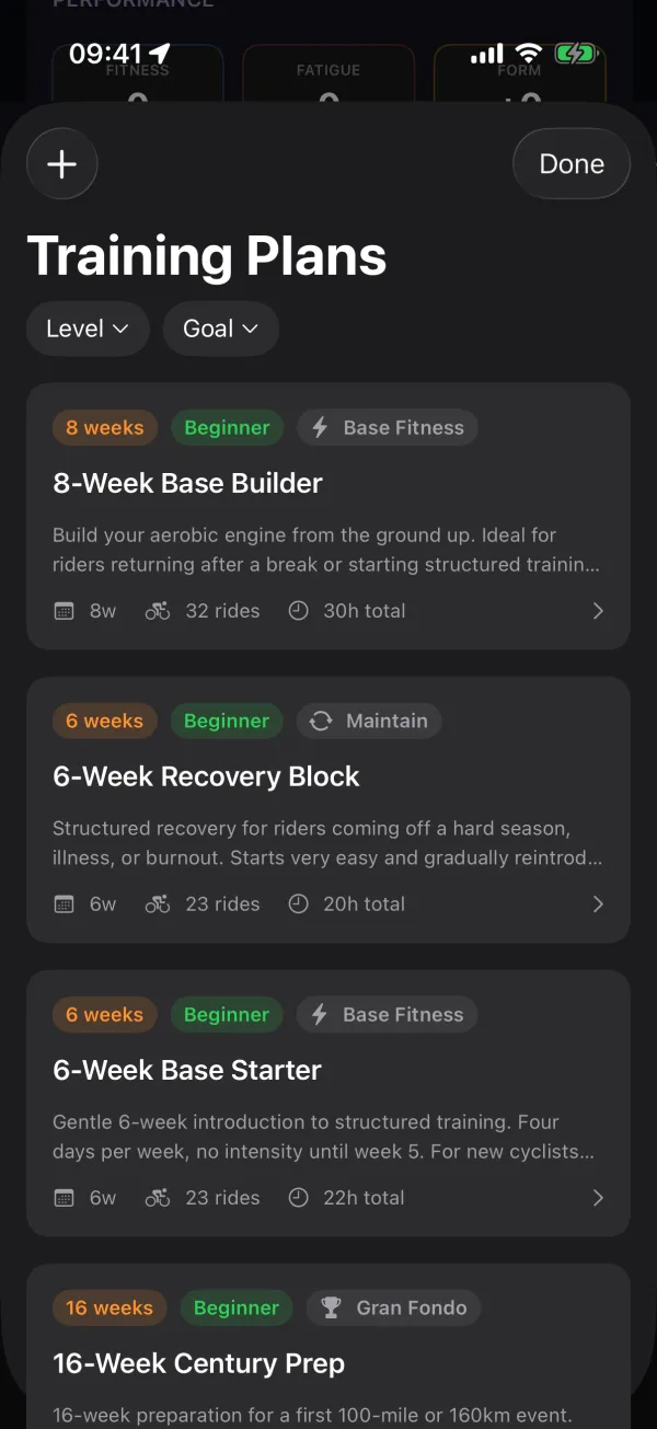 Glood’s training plan library, filtered by level and goal, with plans such as the 8-Week Base Builder.